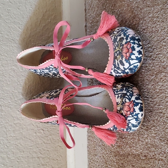 Ruby Shoo Teal and Pink Floral Heels - Tassle / Bow Closure - Picture 1 of 7